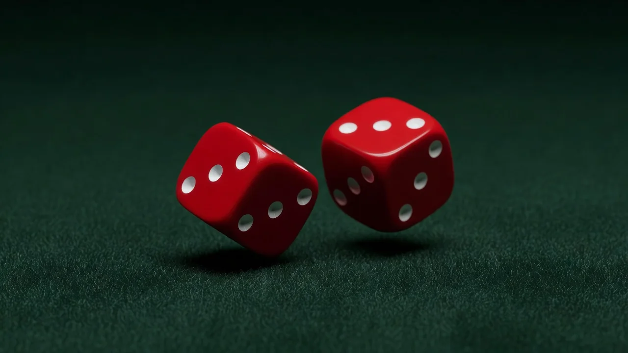Two red casino dice tumbling on dark green felt, frozen in motion