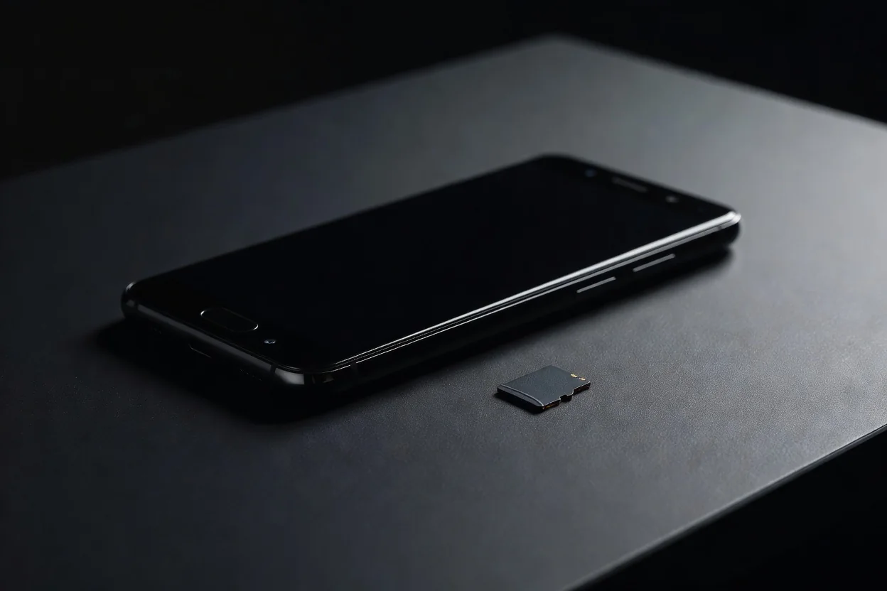 1win APK: Download and Install on Android Safely Android smartphone next to a memory card on a dark table surface