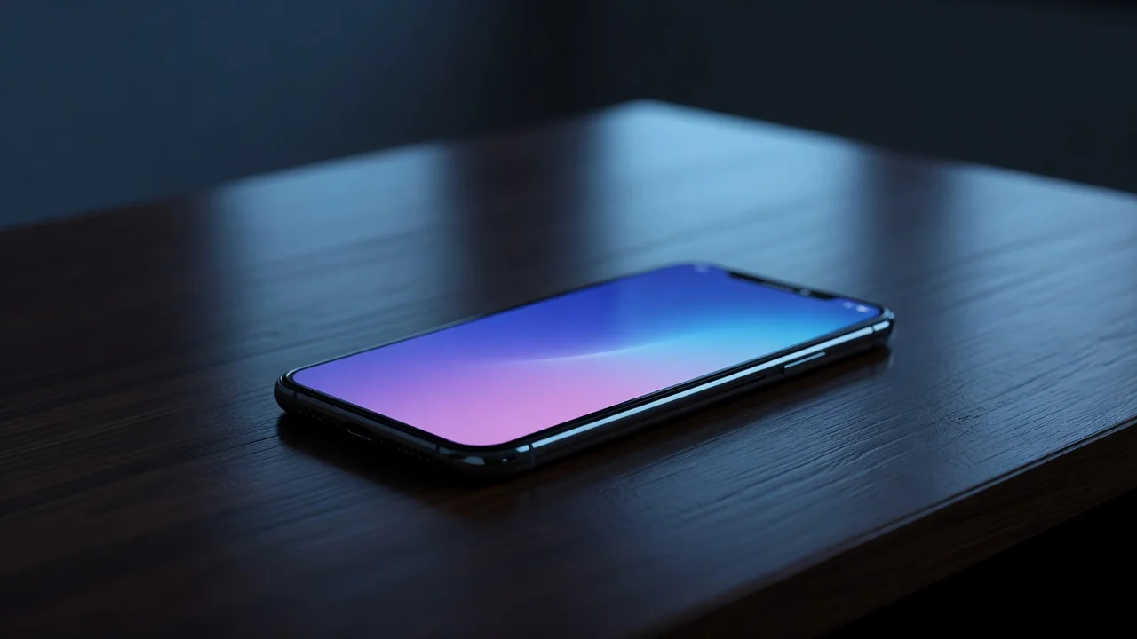 1win App: Download for Android and iOS in 2026 Modern smartphone lying on a dark wooden desk under soft blue ambient light