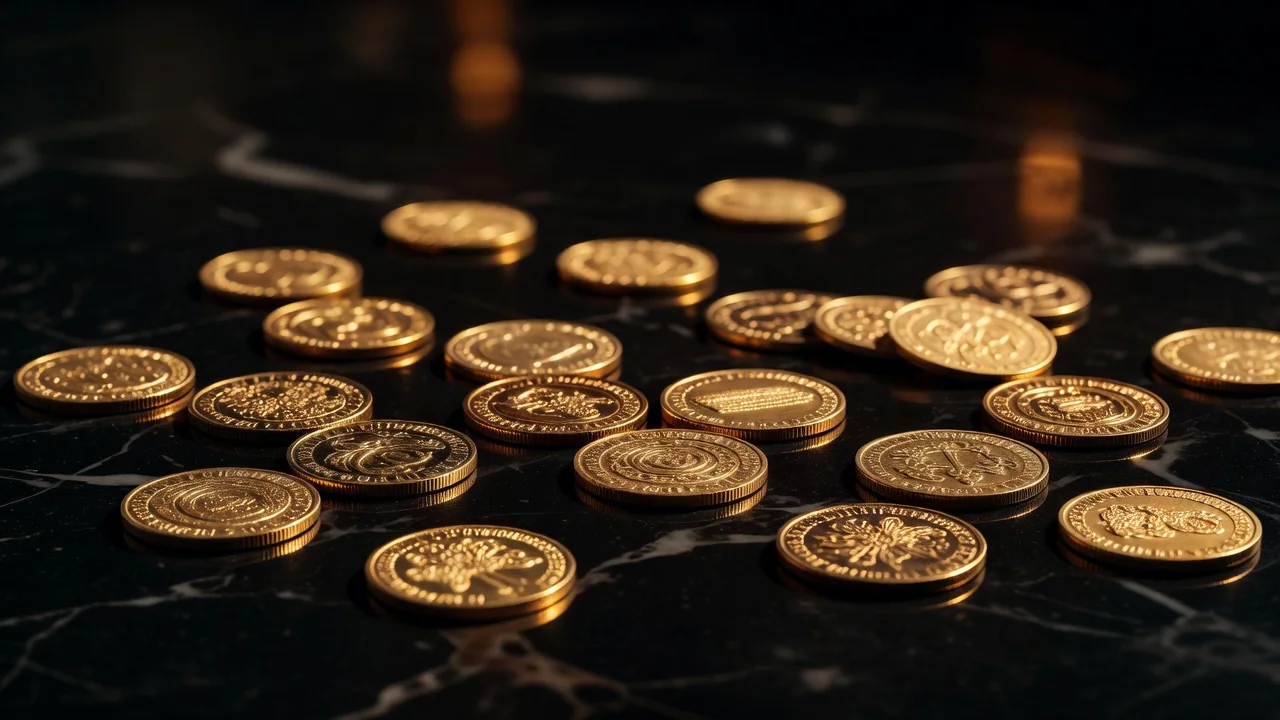 1win Bonus: Welcome Offers, Cashback and Wagering Rules Golden coins scattered on a dark glossy surface with warm reflections