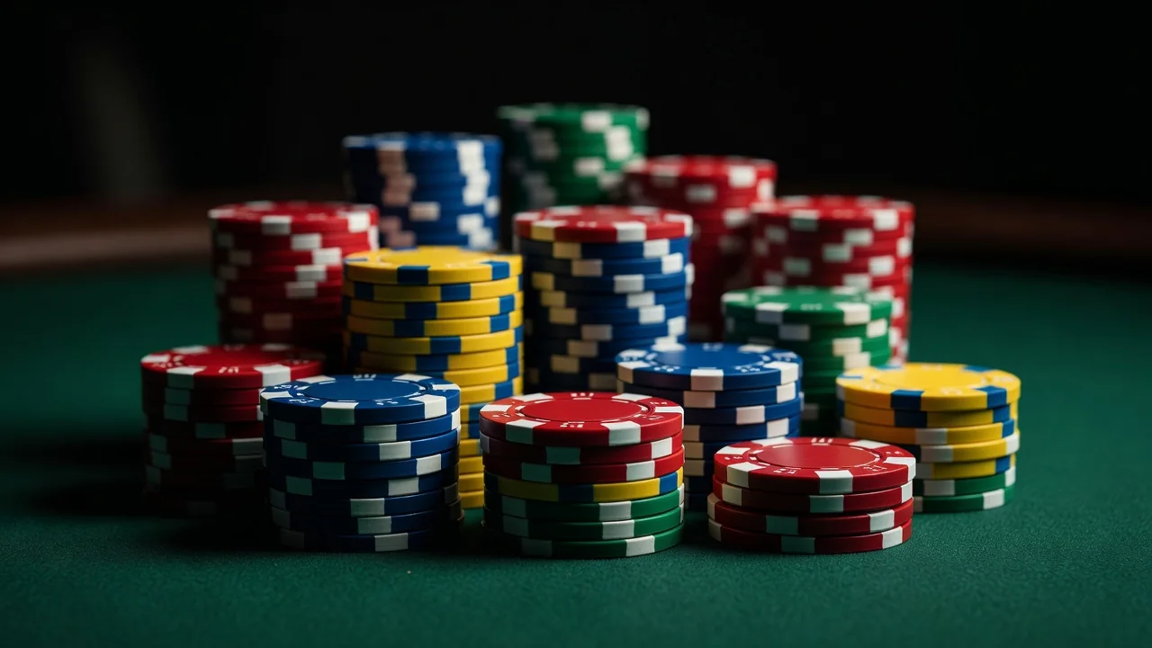 1win Casino: Slots, Table Games and Live Dealers Colourful casino chips stacked on a green felt table