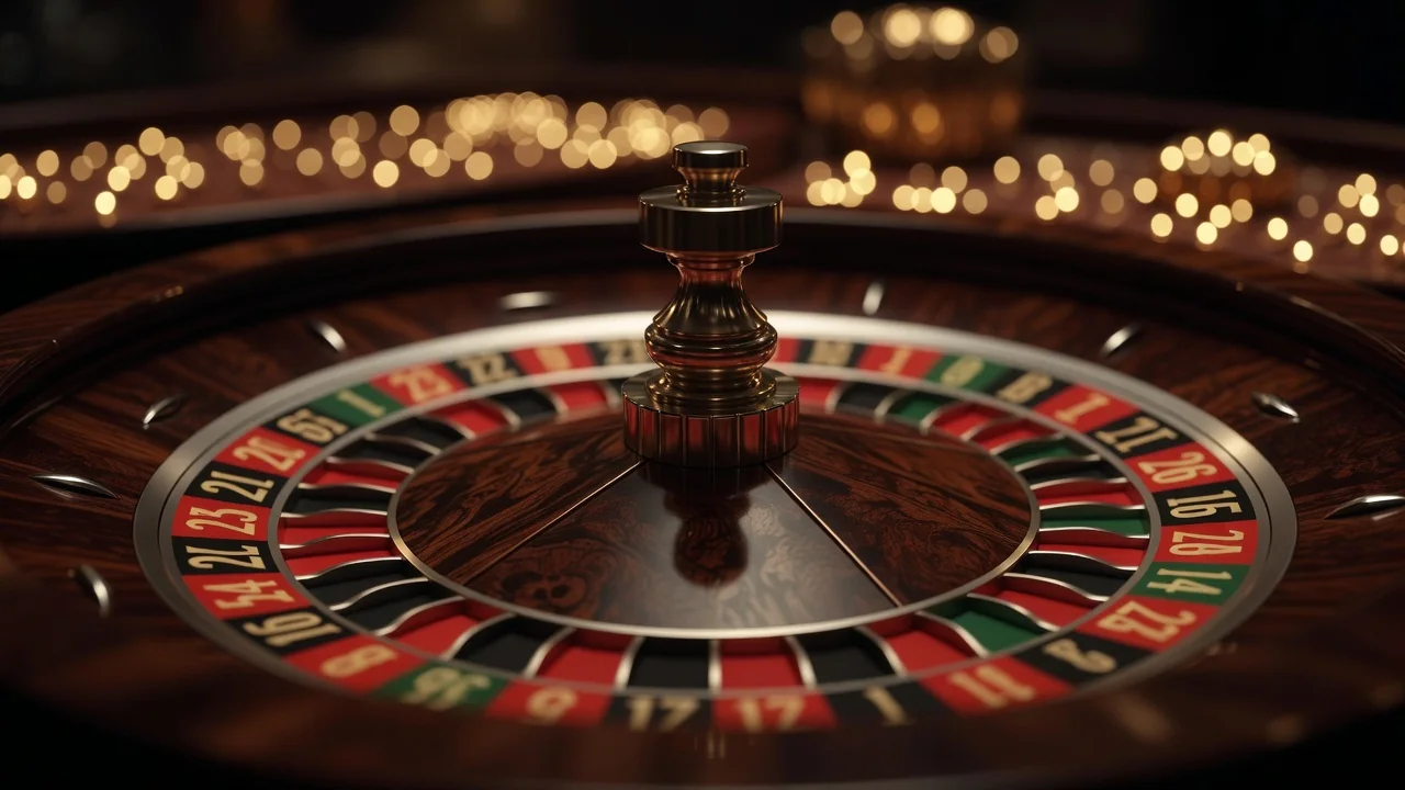 1win Live Casino: Roulette and Blackjack with Real Dealers Roulette wheel in close-up with golden bokeh lights in the background