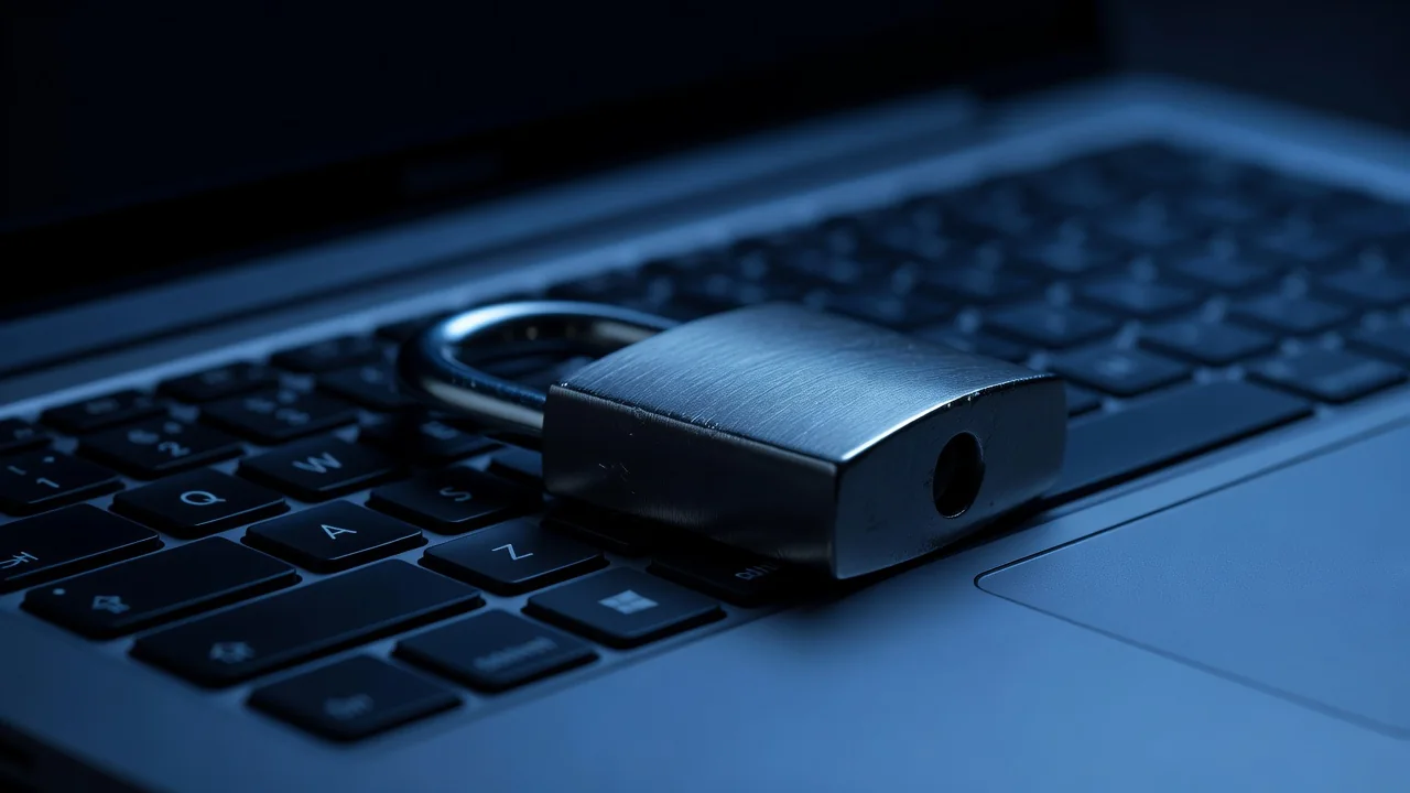 Is 1win Reliable? License, Security and Fair Play Metal padlock resting on a laptop keyboard in dark blue light