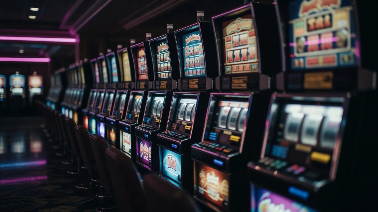 1win Slots: Providers, RTP, Volatility and Jackpots Row of glowing slot machines in a dark casino hall