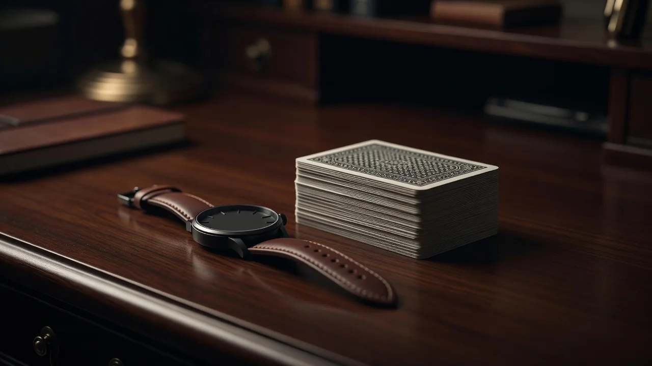 Responsible Gambling: Limits, Warning Signs and Help (18+) Wristwatch and playing cards on a desk in soft warm light